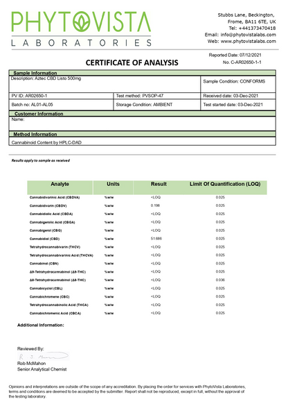 Aztec CBD Listo 500mg CBD Disposable Vape Pen - 1ml 600 Puffs - Elixire CBD