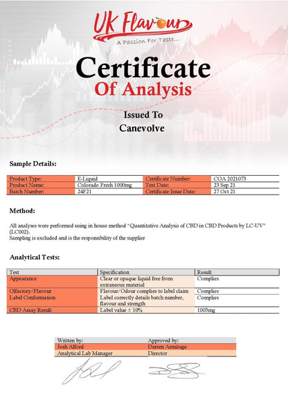 Colorado Fresh 1000mg CBD Vaping Liquid 100ml (50PG/50VG) - Elixire CBD